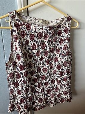 Madewell Cream Floral Smocked Sleeveless Tank with Red and Navy Print